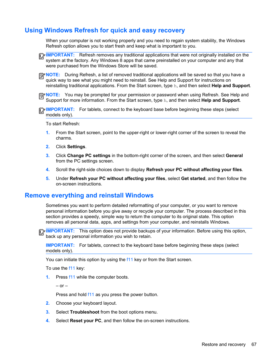 Using windows refresh for quick and easy recovery, Remove everything and reinstall windows | HP Pavilion 11-h010nr x2 PC User Manual | Page 77 / 85