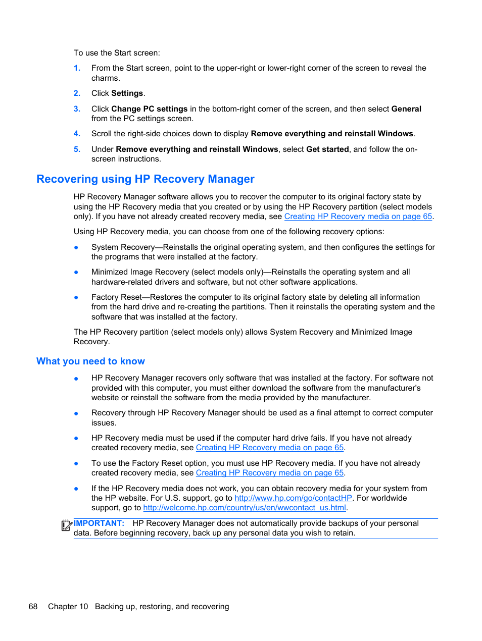 Recovering using hp recovery manager, What you need to know, Recovering using hp | HP Pavilion 11-h010nr x2 PC User Manual | Page 78 / 85