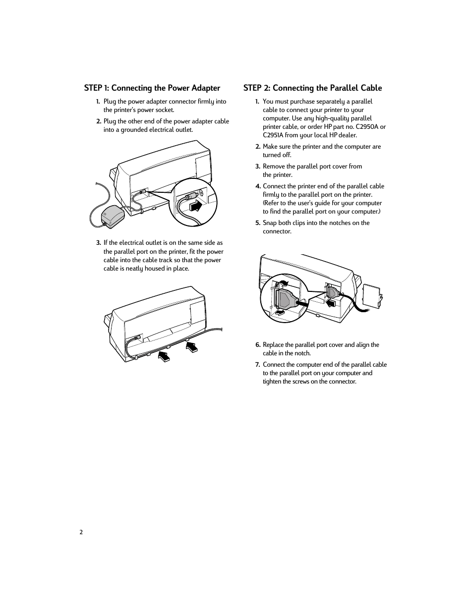 Step 1: connecting the power adapter, Step 2: connecting the parallel cable | HP Deskjet 200cci Printer User Manual | Page 4 / 24
