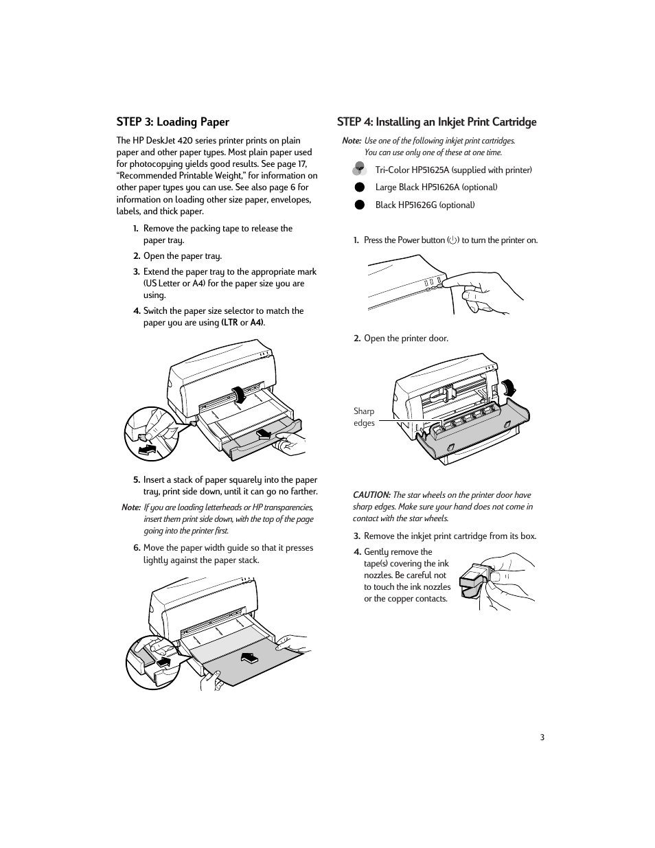 Step 3: loading paper, Step 4: installing an inkjet print cartridge | HP Deskjet 200cci Printer User Manual | Page 5 / 24