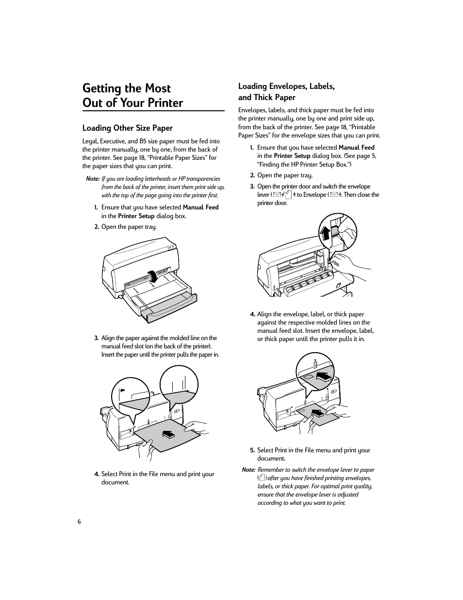 Getting the most out of your printer, Loading other size paper, Loading envelopes, labels, and thick paper | HP Deskjet 200cci Printer User Manual | Page 8 / 24