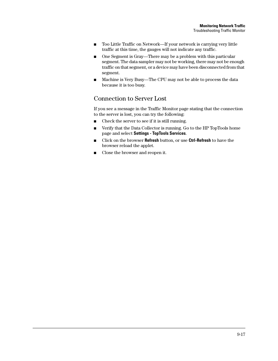 Connection to server lost, Connection to server lost -17 | HP TopTools for Hubs and Switches User Manual | Page 105 / 234