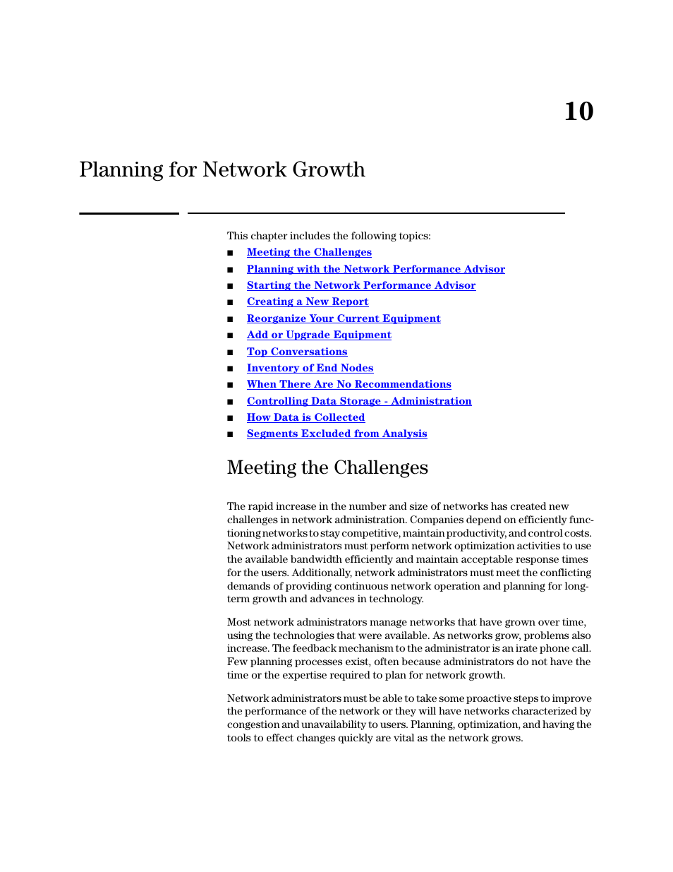 Planning for network growth, Meeting the challenges, 10 planning for network growth | Hp network performance a | HP TopTools for Hubs and Switches User Manual | Page 107 / 234