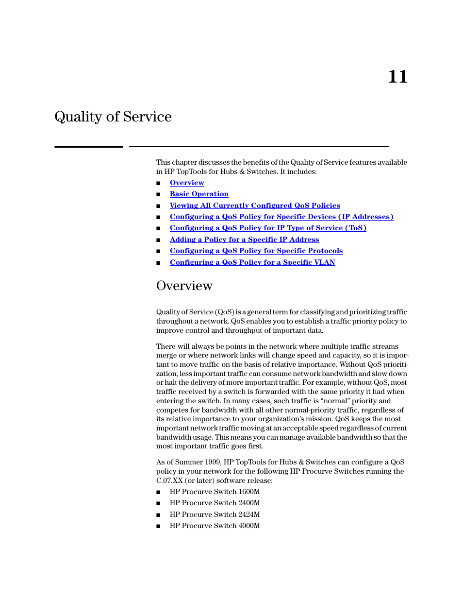 Quality of service, Overview, 11 quality of service | HP TopTools for Hubs and Switches User Manual | Page 129 / 234