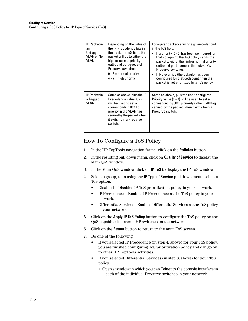 How to configure a tos policy, How to configure a tos policy -8 | HP TopTools for Hubs and Switches User Manual | Page 136 / 234