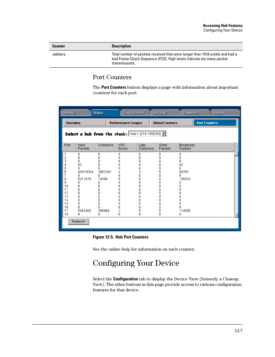 Port counters, Configuring your device, Port counters -7 | Device view | HP TopTools for Hubs and Switches User Manual | Page 147 / 234