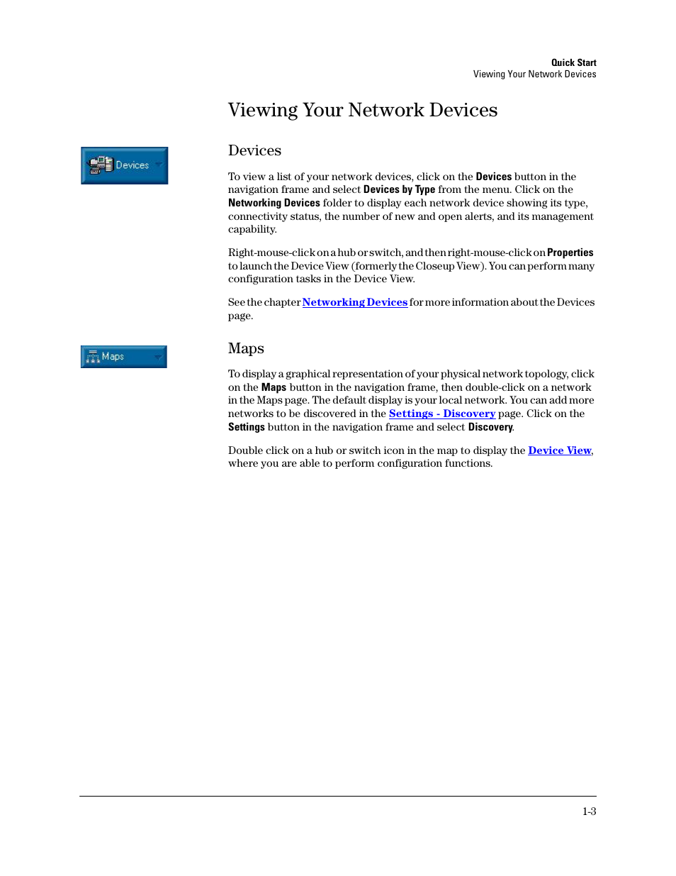 Viewing your network devices, Devices, Maps | Devices -3, Maps -3 | HP TopTools for Hubs and Switches User Manual | Page 15 / 234