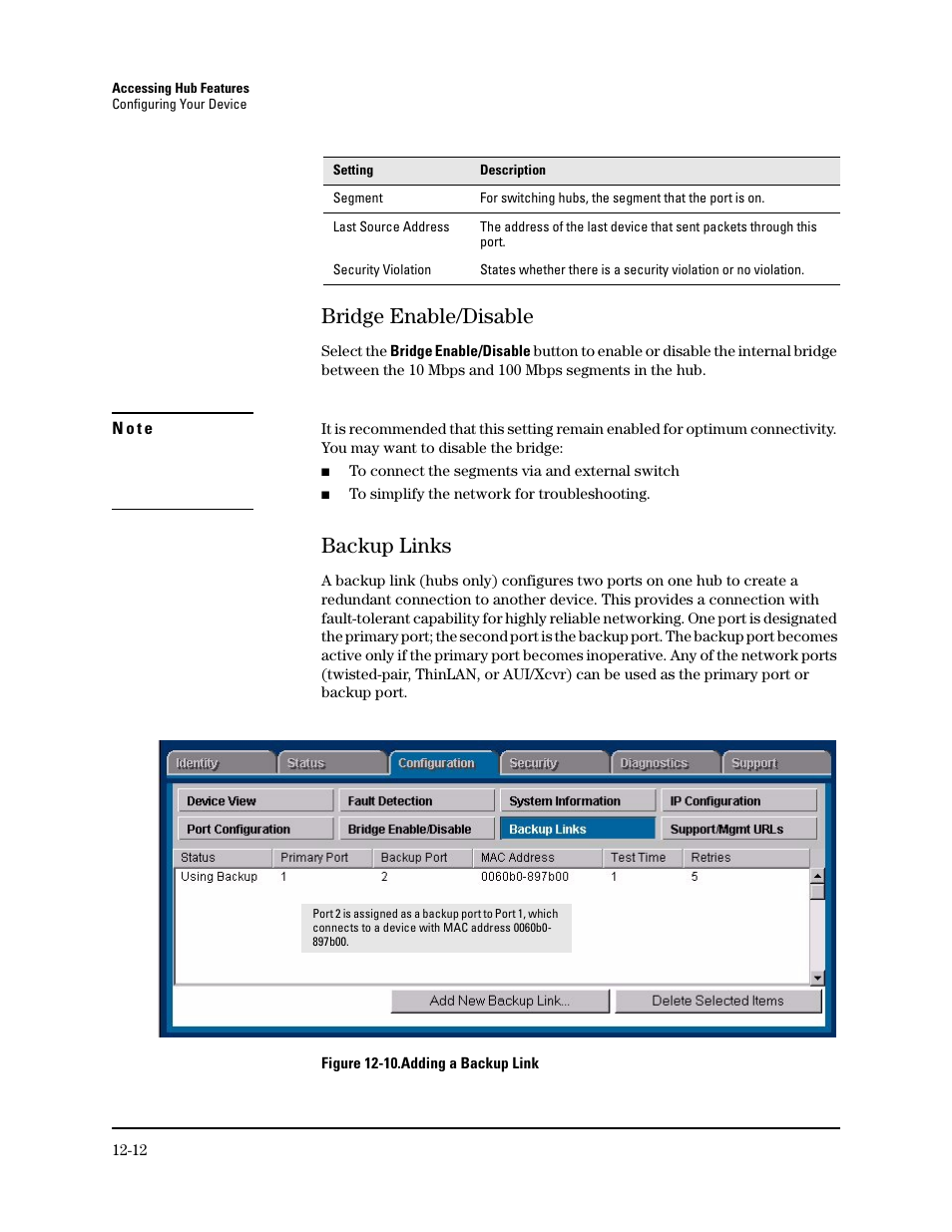 Bridge enable/disable, Backup links, Bridge enable/disable -12 | Backup links -12 | HP TopTools for Hubs and Switches User Manual | Page 152 / 234