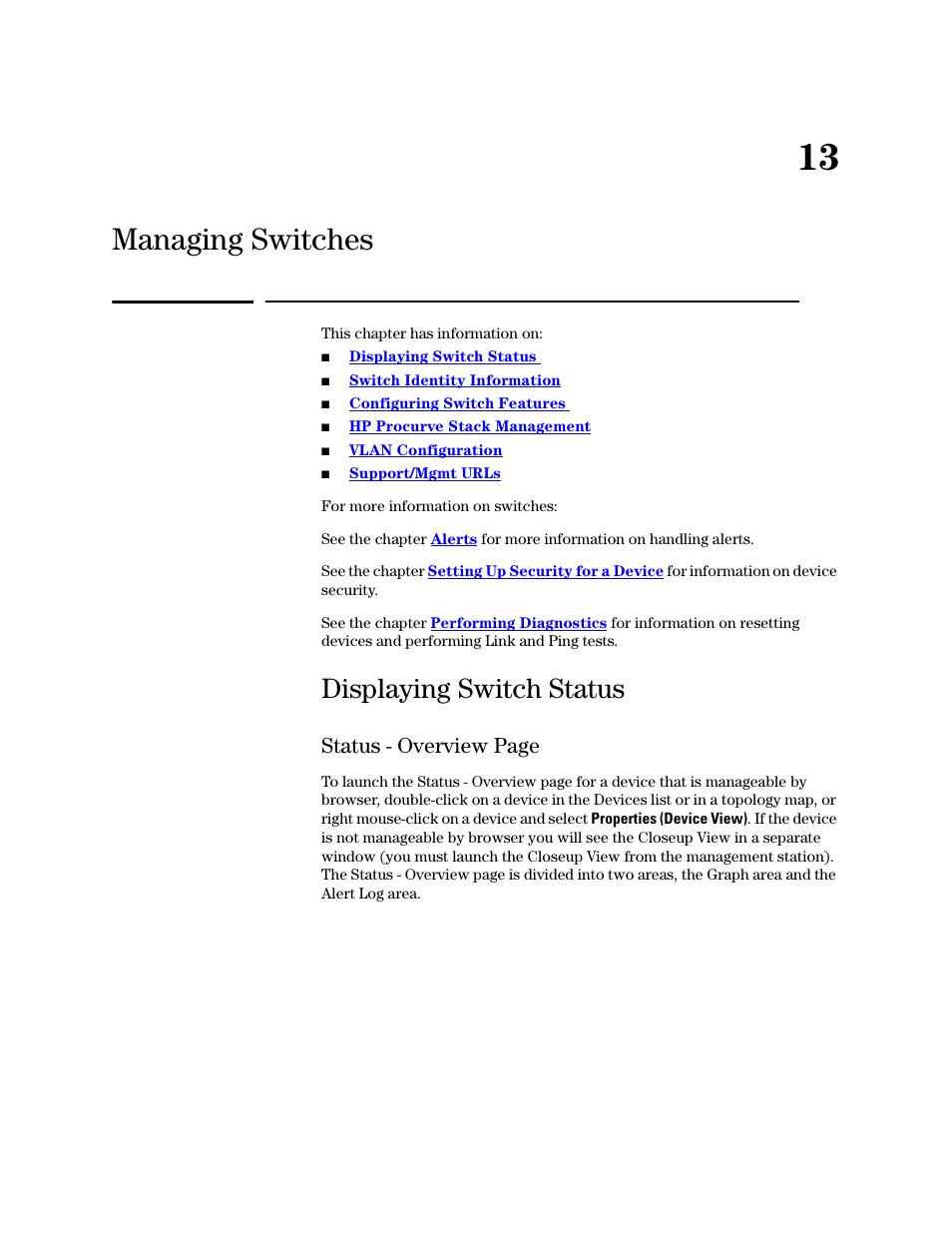 Managing switches, Displaying switch status, 13 managing switches | Status - overview page | HP TopTools for Hubs and Switches User Manual | Page 157 / 234