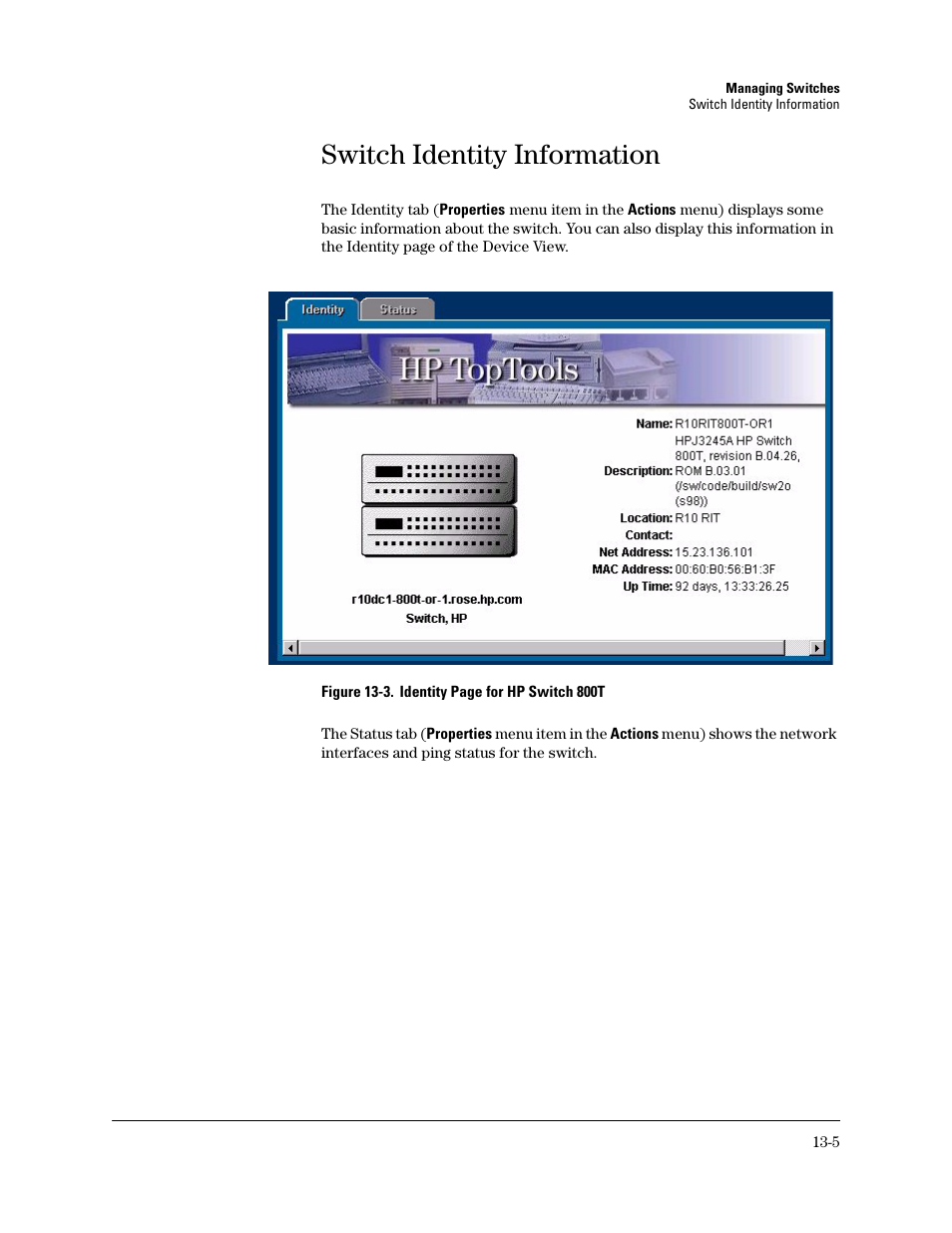 Switch identity information | HP TopTools for Hubs and Switches User Manual | Page 161 / 234