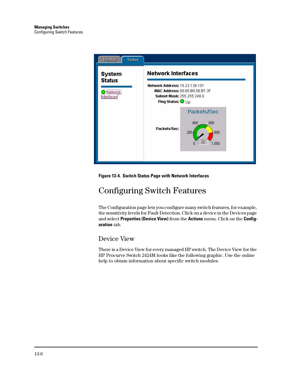 Configuring switch features, Device view, Device view -6 | HP TopTools for Hubs and Switches User Manual | Page 162 / 234