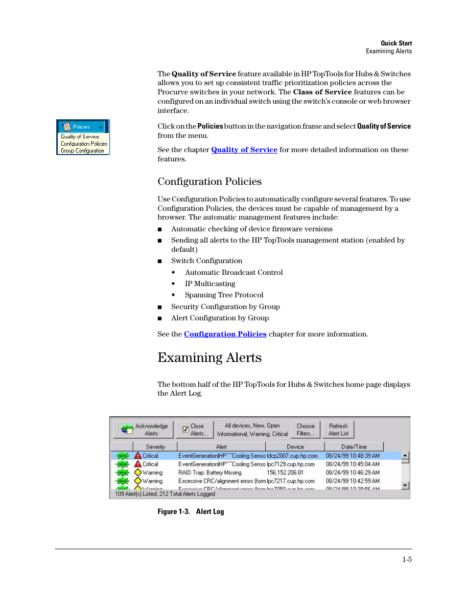 Configuration policies, Examining alerts, Configuration policies -5 | Examining alerts - find/fix/inform | HP TopTools for Hubs and Switches User Manual | Page 17 / 234