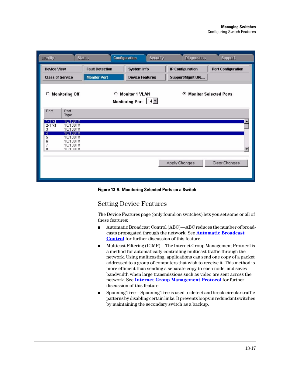 Setting device features, Setting device features -17 | HP TopTools for Hubs and Switches User Manual | Page 173 / 234