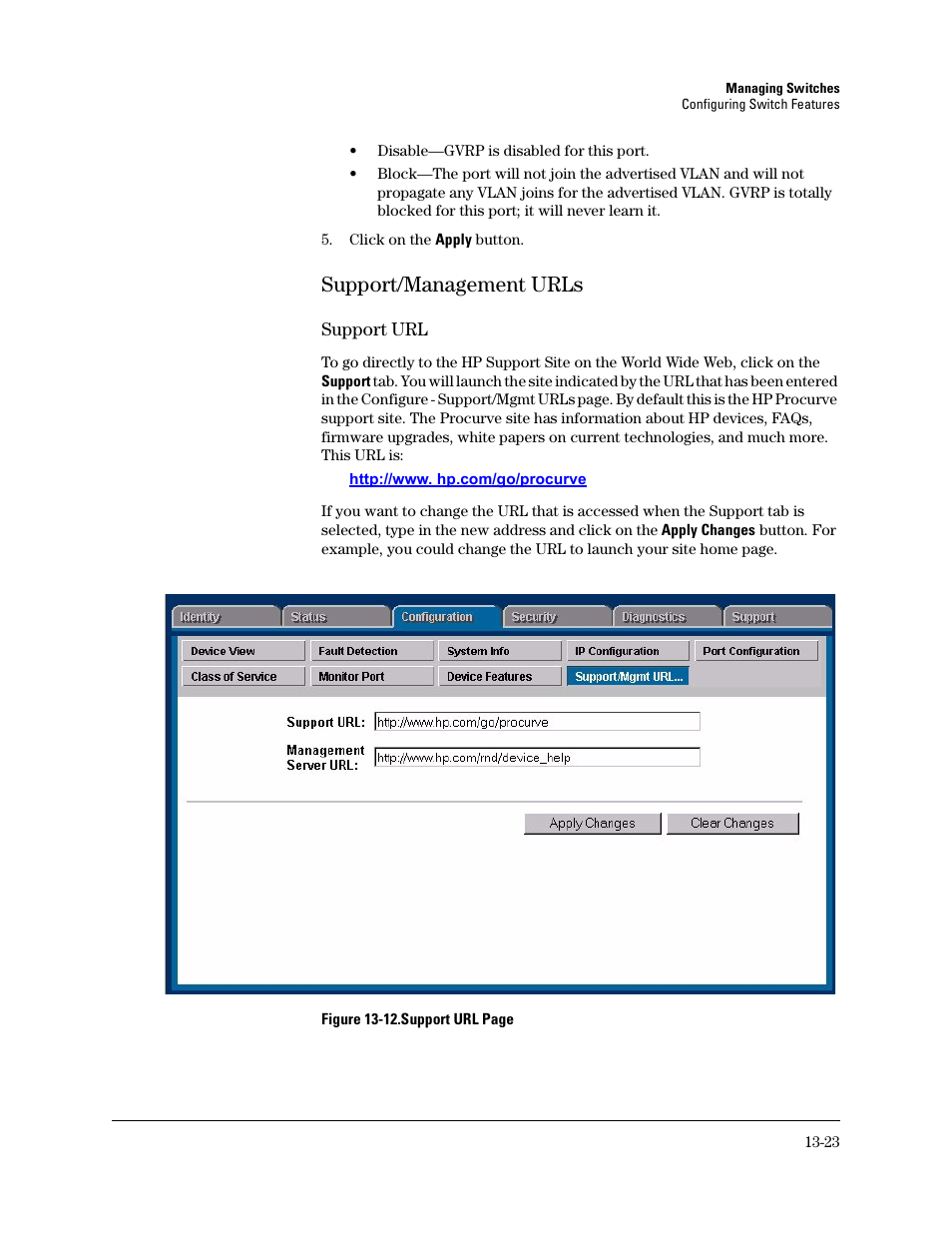 Support/management urls, Support/management urls -23, Support/mgmt urls | HP TopTools for Hubs and Switches User Manual | Page 179 / 234