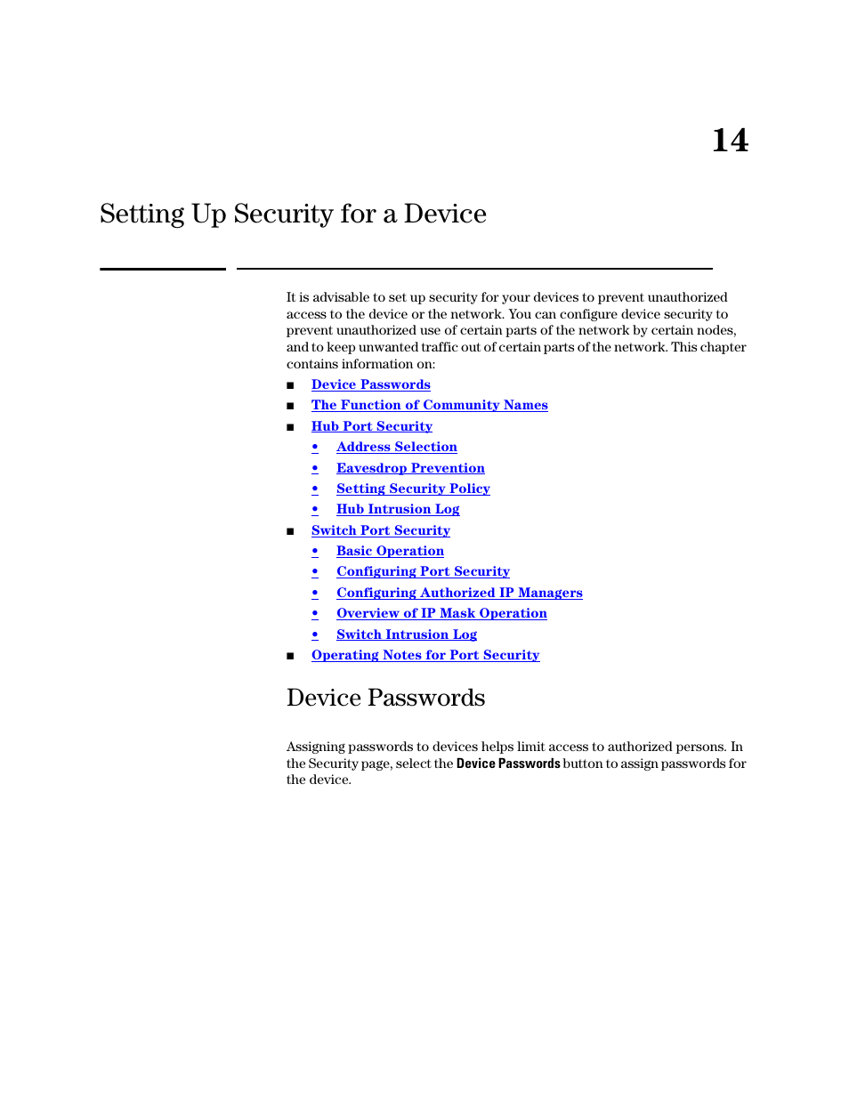 Setting up security for a device, Device passwords, 14 setting up security for a device | HP TopTools for Hubs and Switches User Manual | Page 181 / 234