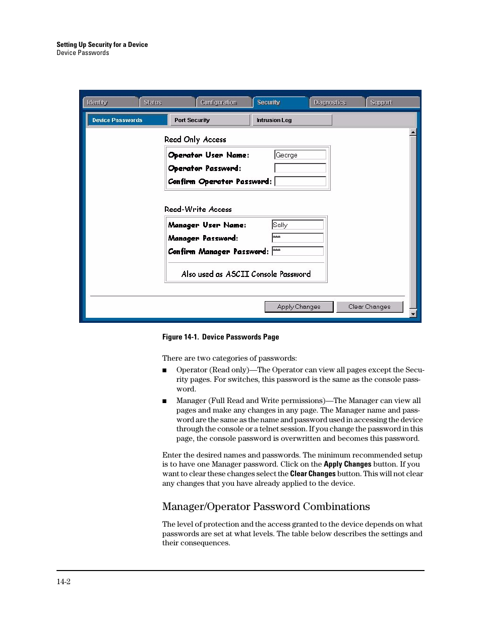 Manager/operator password combinations, Manager/operator password combinations -2 | HP TopTools for Hubs and Switches User Manual | Page 182 / 234