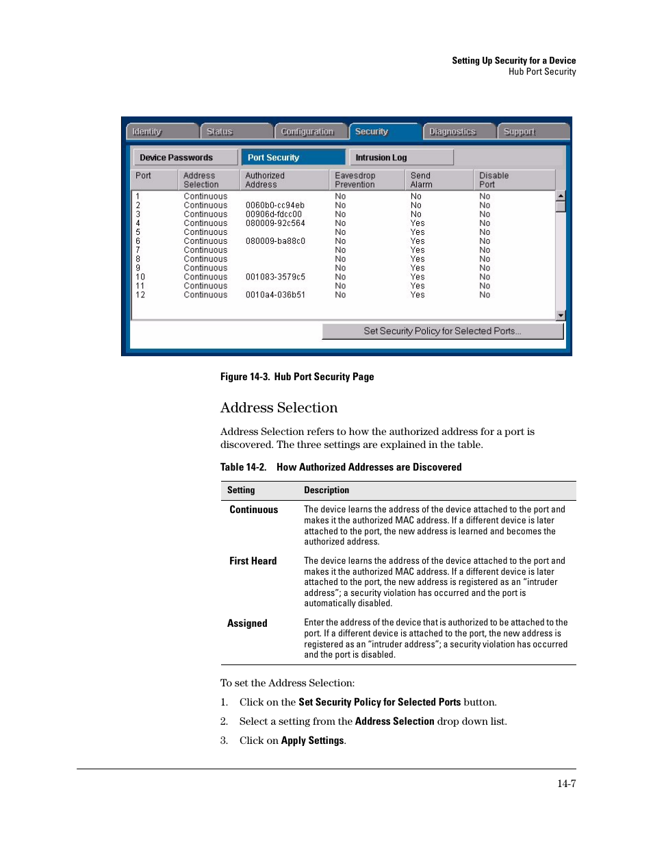 Address selection | HP TopTools for Hubs and Switches User Manual | Page 187 / 234