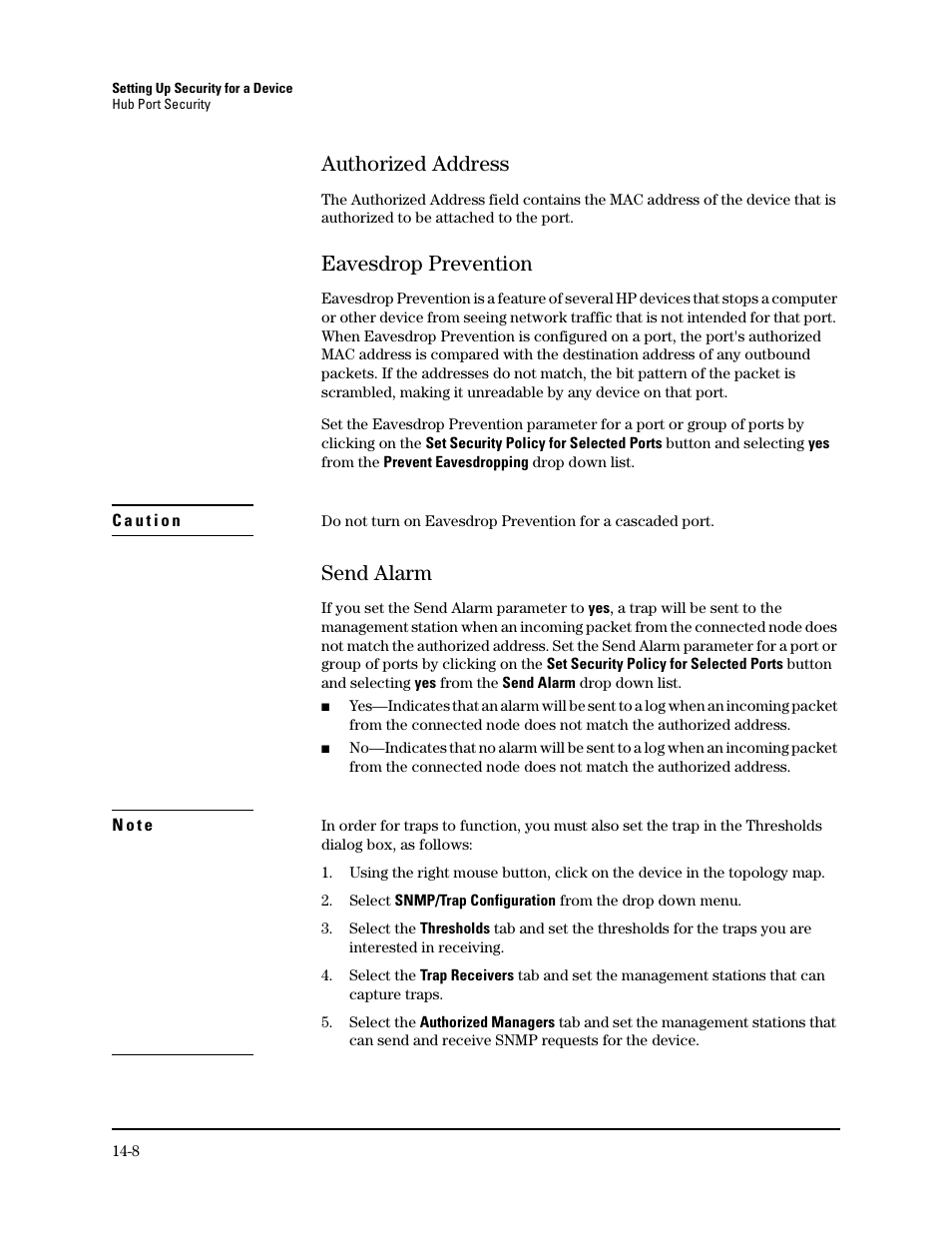 Authorized address, Eavesdrop prevention, Send alarm | Authorized address -8, Eavesdrop prevention -8, Send alarm -8 | HP TopTools for Hubs and Switches User Manual | Page 188 / 234