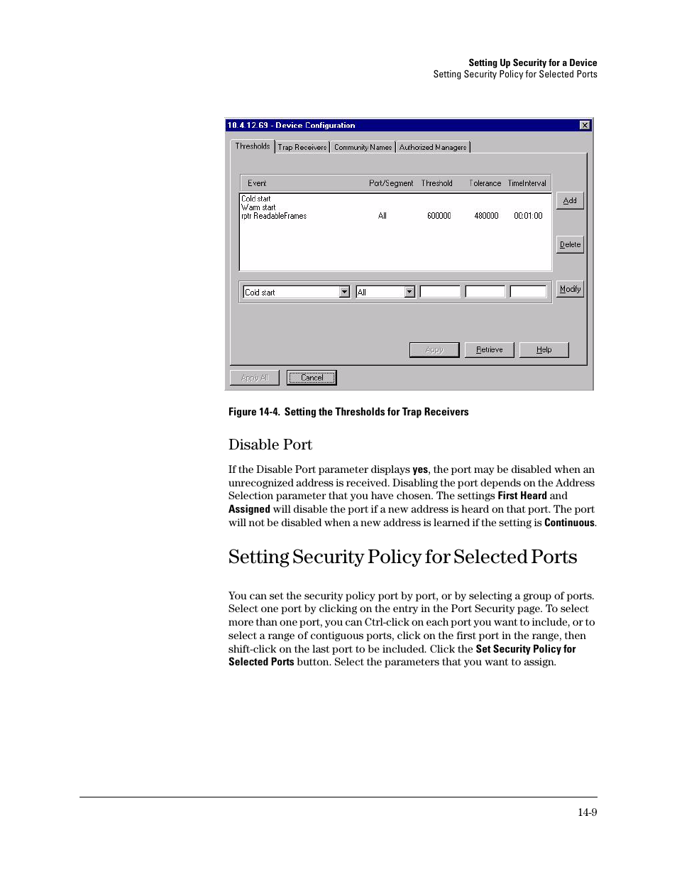 Disable port, Setting security policy for selected ports, Disable port -9 | Setting security policy | HP TopTools for Hubs and Switches User Manual | Page 189 / 234