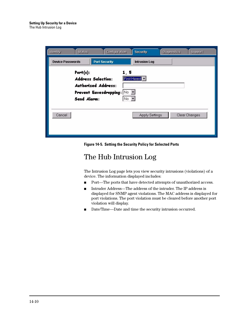 The hub intrusion log, Hub intrusion log | HP TopTools for Hubs and Switches User Manual | Page 190 / 234