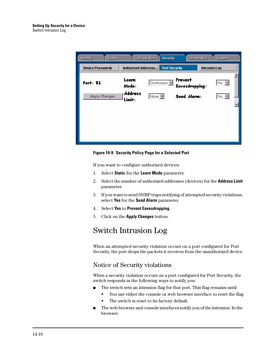 Switch intrusion log, Notice of security violations, Notice of security violations -18 | HP TopTools for Hubs and Switches User Manual | Page 198 / 234