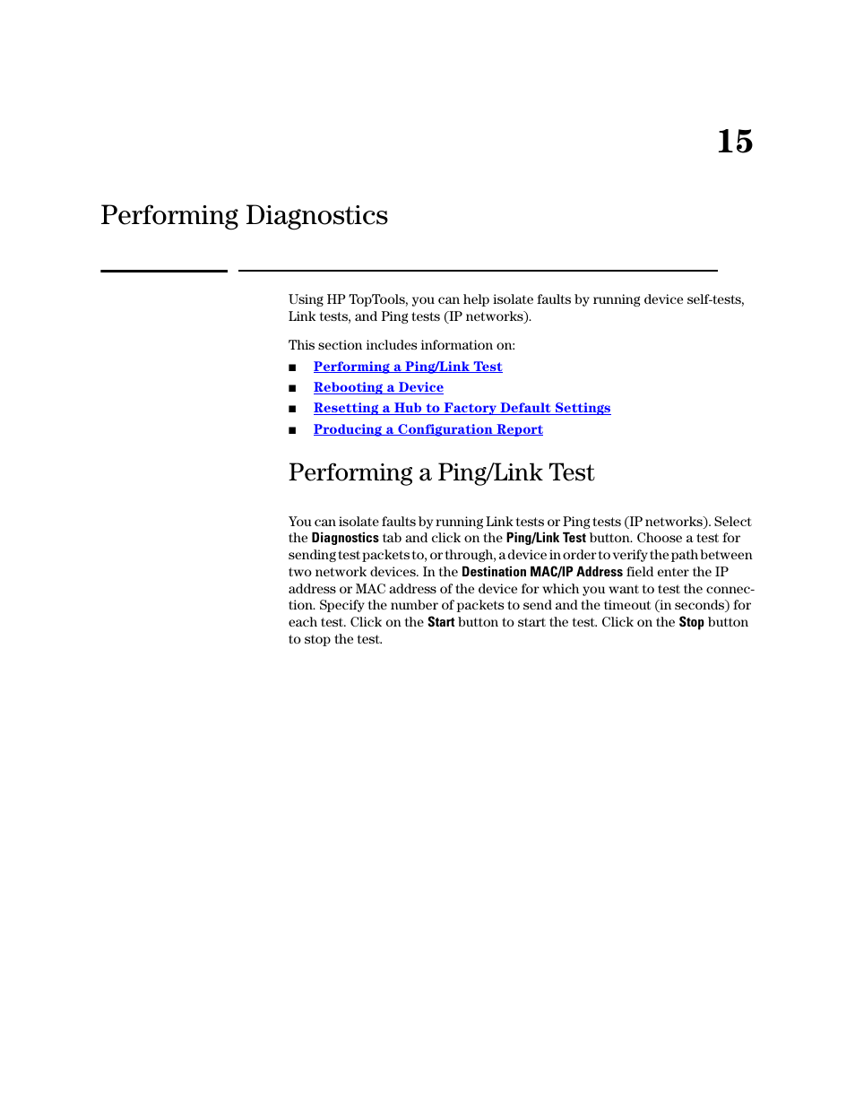 Performing diagnostics, Performing a ping/link test, 15 performing diagnostics | HP TopTools for Hubs and Switches User Manual | Page 203 / 234