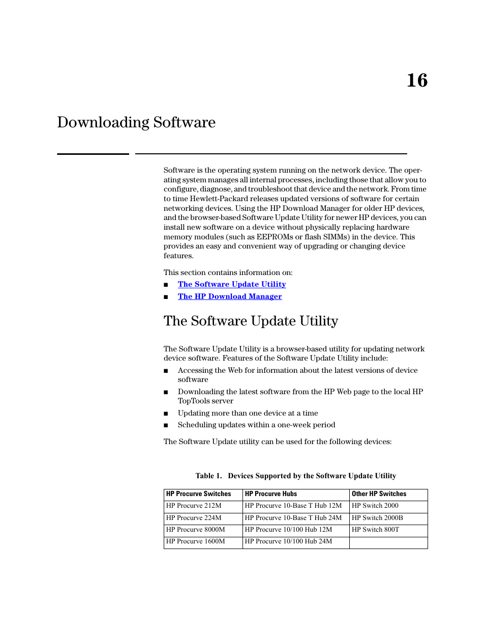 Downloading software, The software update utility, 16 downloading software | Down, Loading firmware, Downloading firmware | HP TopTools for Hubs and Switches User Manual | Page 209 / 234