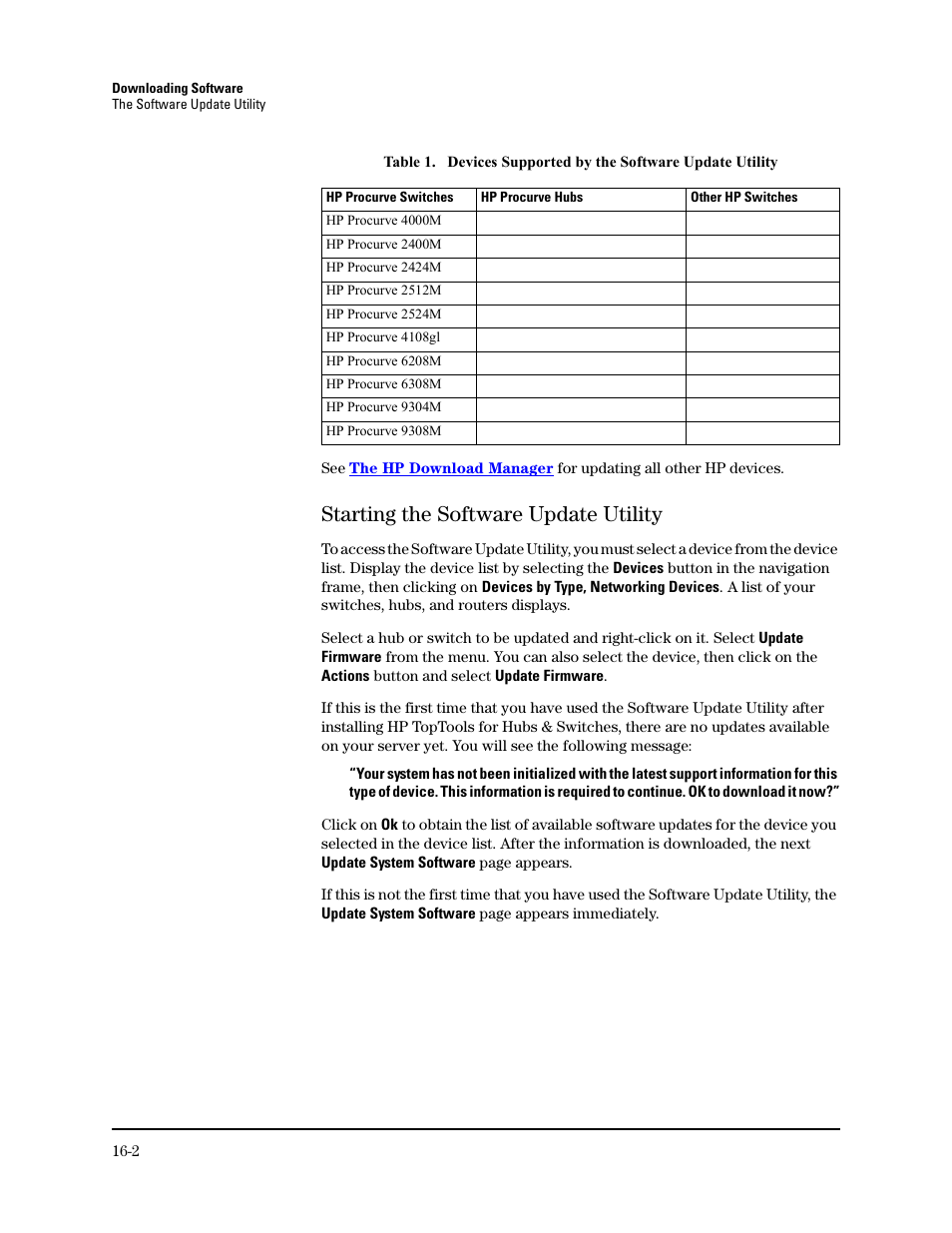 Starting the software update utility, Starting the software update utility -2 | HP TopTools for Hubs and Switches User Manual | Page 210 / 234