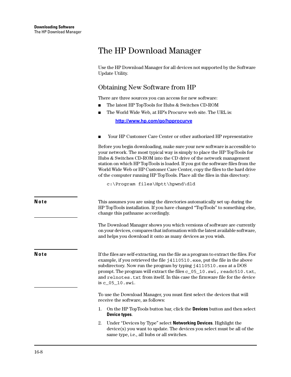 The hp download manager, Obtaining new software from hp, Obtaining new software from hp -9 | HP TopTools for Hubs and Switches User Manual | Page 216 / 234