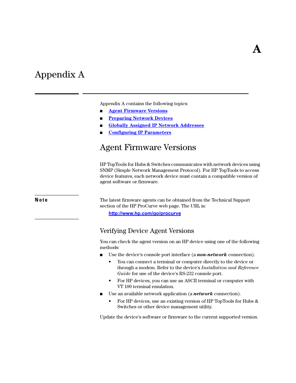 Appendix a, Agent firmware versions, Verifying device agent versions | A appendix a | HP TopTools for Hubs and Switches User Manual | Page 221 / 234