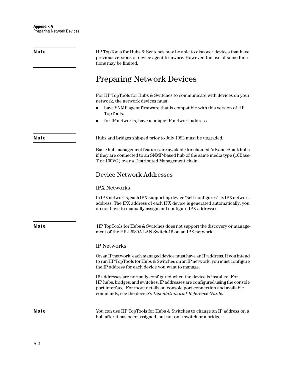 Preparing network devices, Device network addresses | HP TopTools for Hubs and Switches User Manual | Page 222 / 234