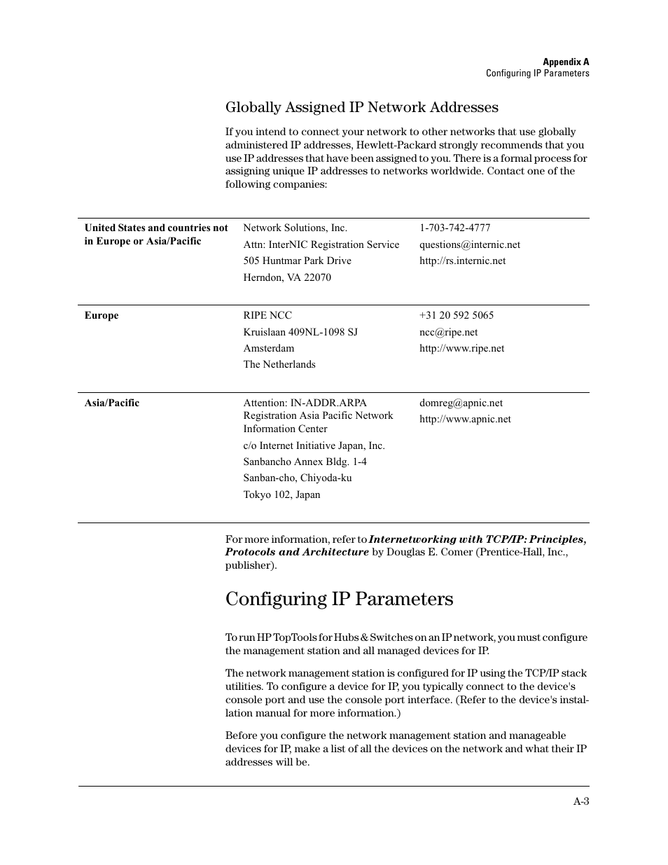 Globally assigned ip network addresses, Configuring ip parameters | HP TopTools for Hubs and Switches User Manual | Page 223 / 234