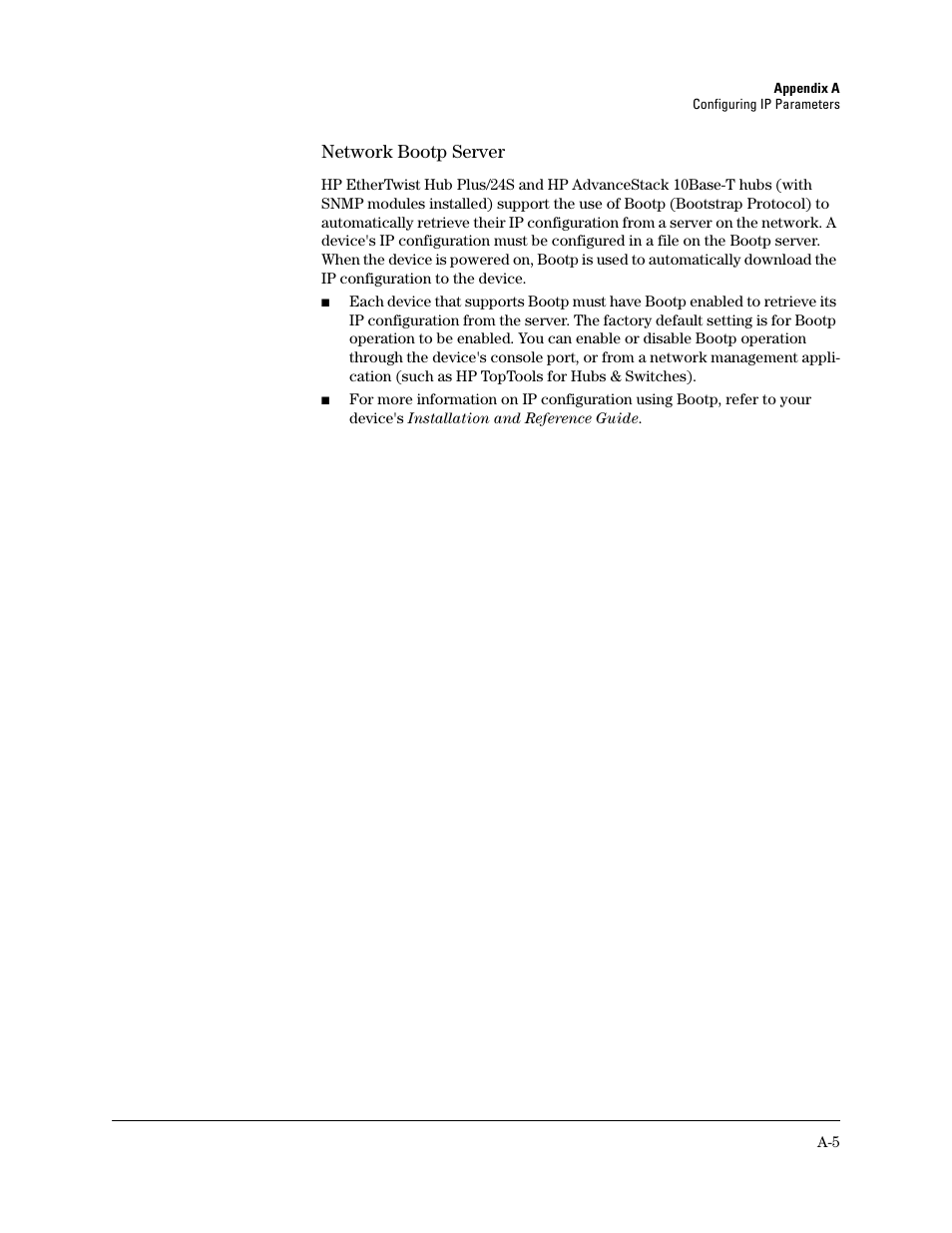 Network bootp server | HP TopTools for Hubs and Switches User Manual | Page 225 / 234