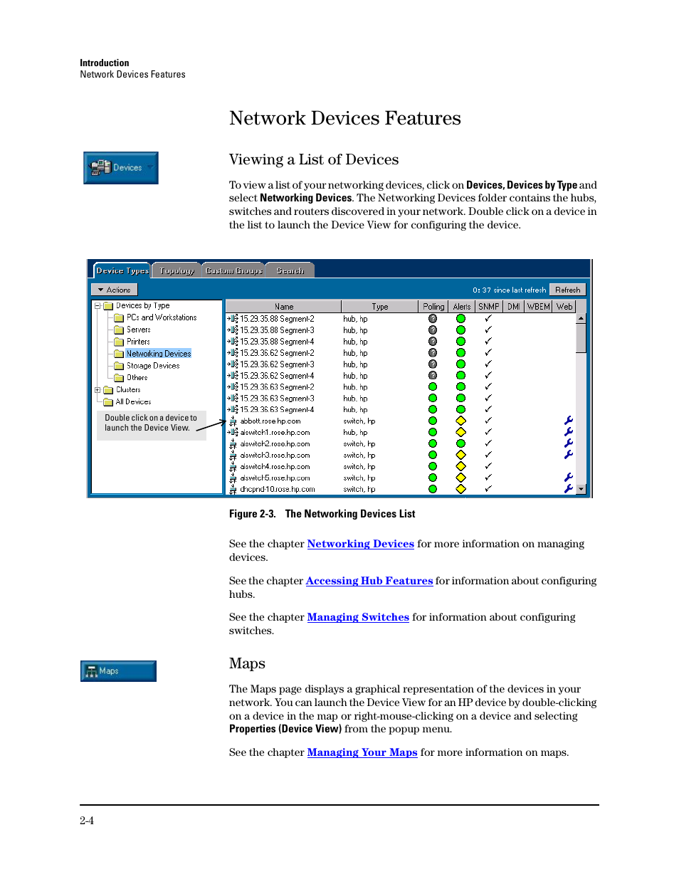 Network devices features, Viewing a list of devices, Maps | Viewing a list of devices -4, Maps -4, Network device features | HP TopTools for Hubs and Switches User Manual | Page 26 / 234