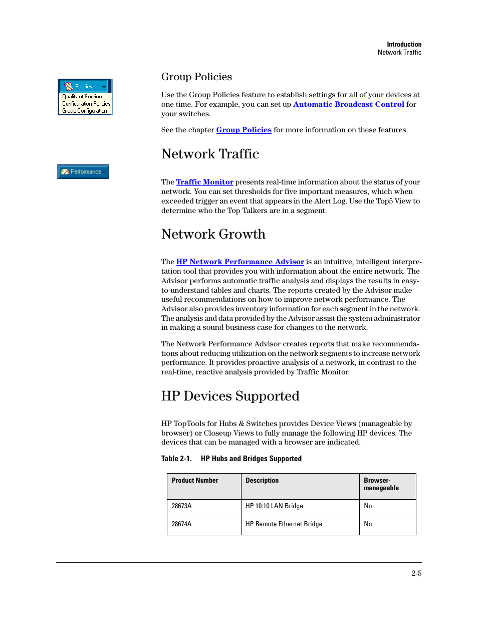 Group policies, Network traffic, Network growth | Hp devices supported, Group policies -5, E the chapter, Managing your maps, For more information on maps | HP TopTools for Hubs and Switches User Manual | Page 27 / 234