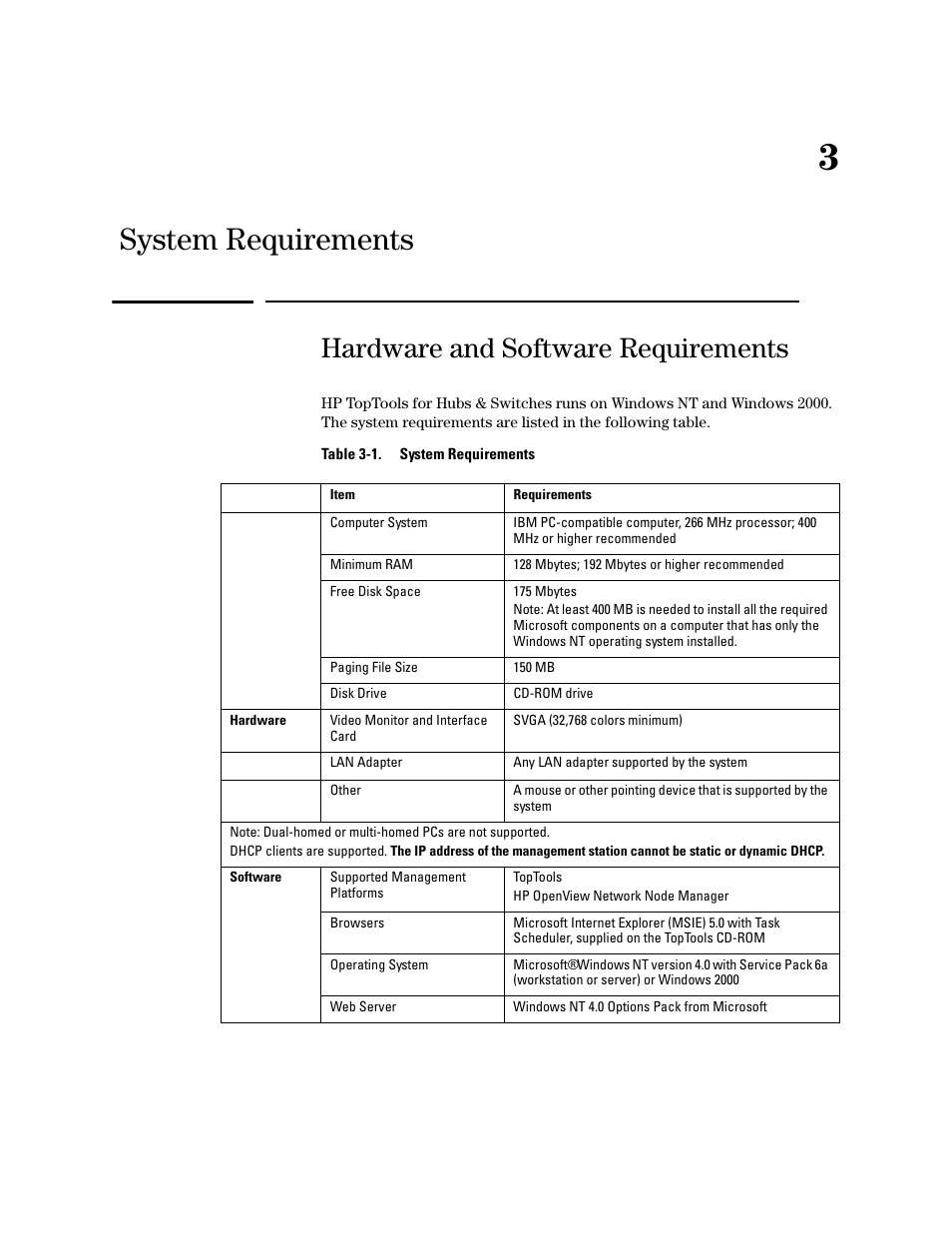 System requirements, Hardware and software requirements, 3 system requirements | HP TopTools for Hubs and Switches User Manual | Page 33 / 234