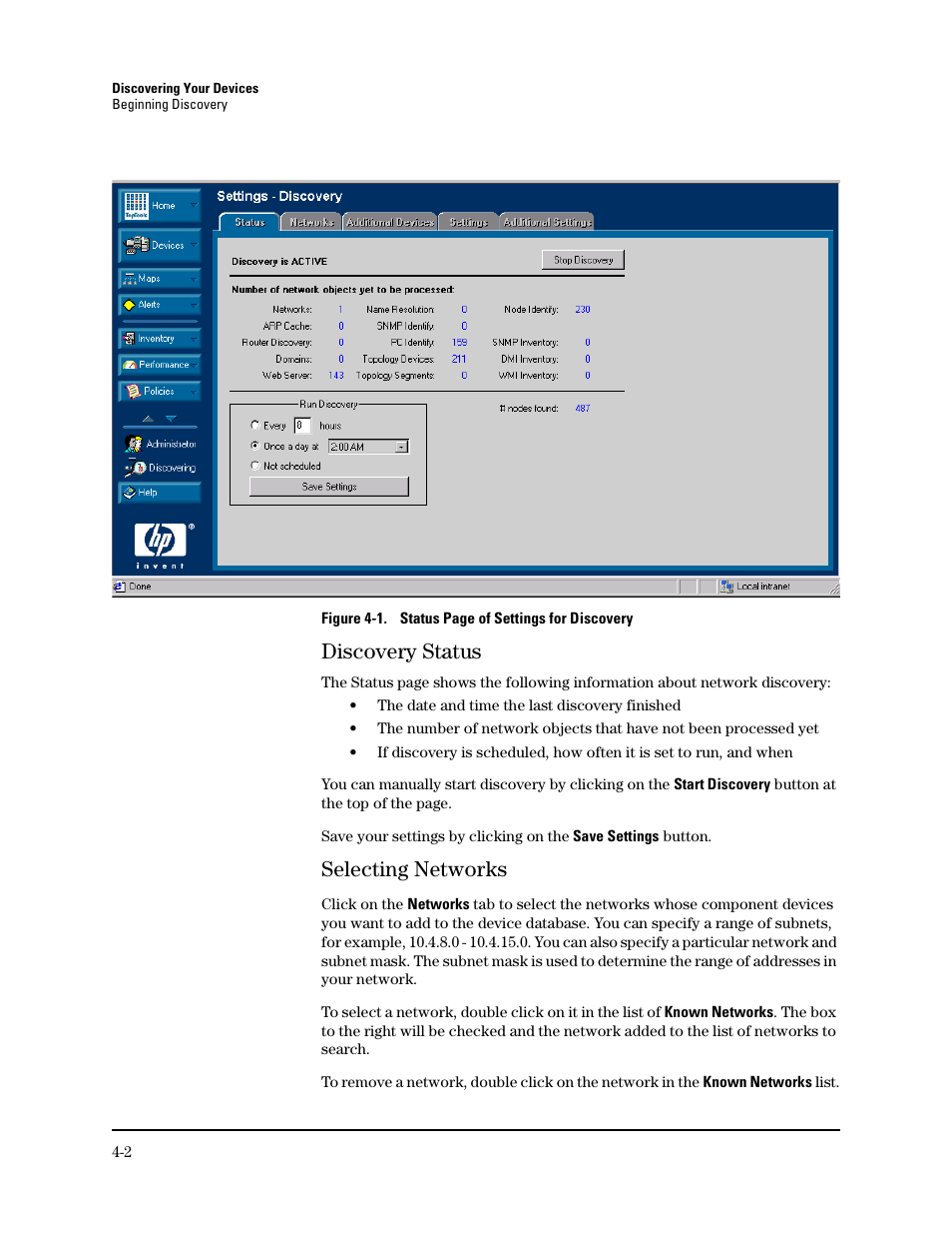 Discovery status, Selecting networks, Discovery status -2 | Selecting networks -2 | HP TopTools for Hubs and Switches User Manual | Page 36 / 234