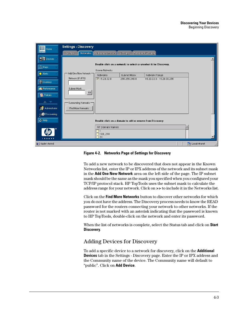Adding devices for discovery, Adding devices for discovery -3, Adding a device to a network | HP TopTools for Hubs and Switches User Manual | Page 37 / 234