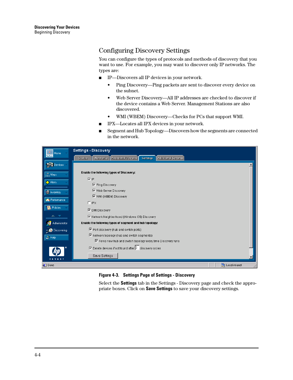 Configuring discovery settings, Configuring discovery settings -4 | HP TopTools for Hubs and Switches User Manual | Page 38 / 234