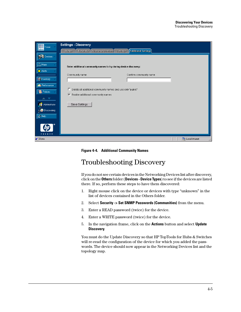 Troubleshooting discovery | HP TopTools for Hubs and Switches User Manual | Page 39 / 234