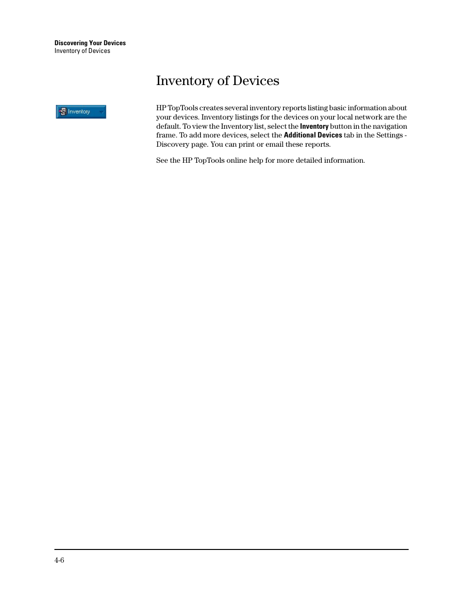 Inventory of devices, Device inventory | HP TopTools for Hubs and Switches User Manual | Page 40 / 234