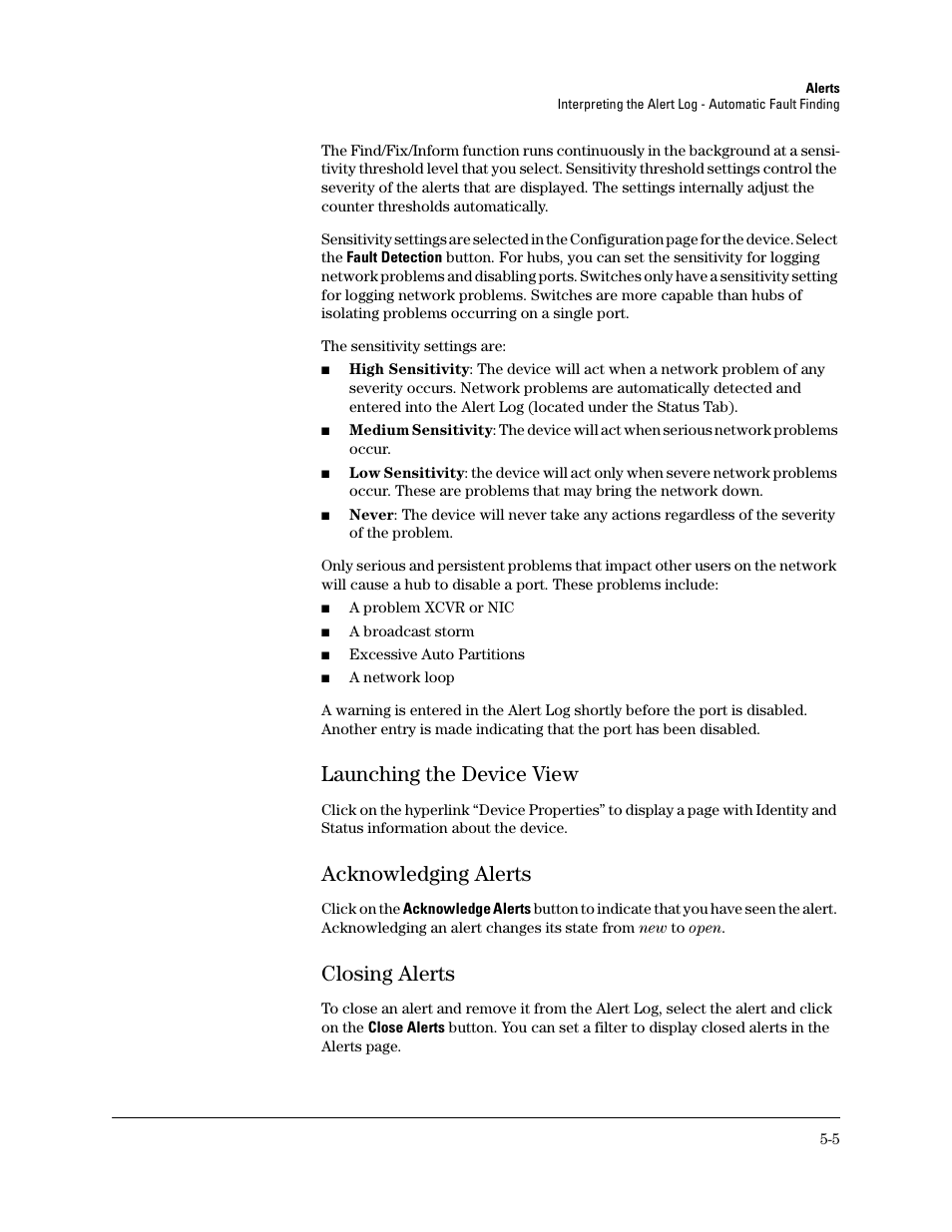 Launching the device view, Acknowledging alerts, Closing alerts | Launching the device view -5, Acknowledging alerts -5, Closing alerts -5 | HP TopTools for Hubs and Switches User Manual | Page 45 / 234