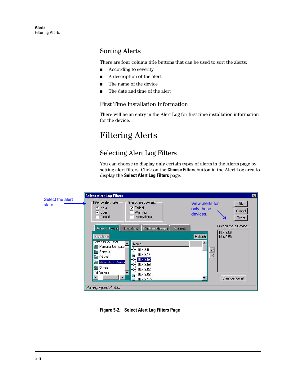 Sorting alerts, Filtering alerts, Selecting alert log filters | Sorting alerts -6, Selecting alert log filters -6 | HP TopTools for Hubs and Switches User Manual | Page 46 / 234