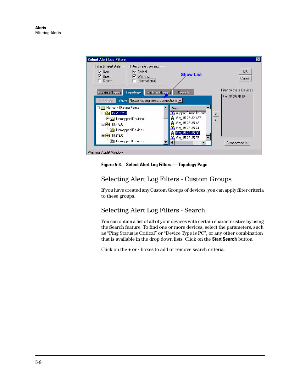 Selecting alert log filters - custom groups, Selecting alert log filters - search, Selecting alert log filters - custom groups -8 | Selecting alert log filters - search -8 | HP TopTools for Hubs and Switches User Manual | Page 48 / 234