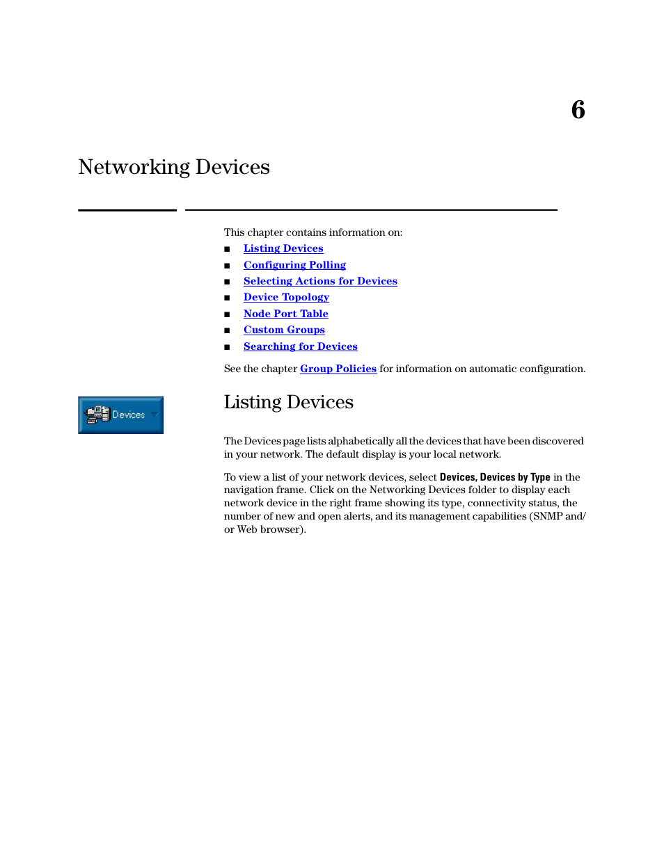 Networking devices, Listing devices, 6 networking devices | HP TopTools for Hubs and Switches User Manual | Page 53 / 234