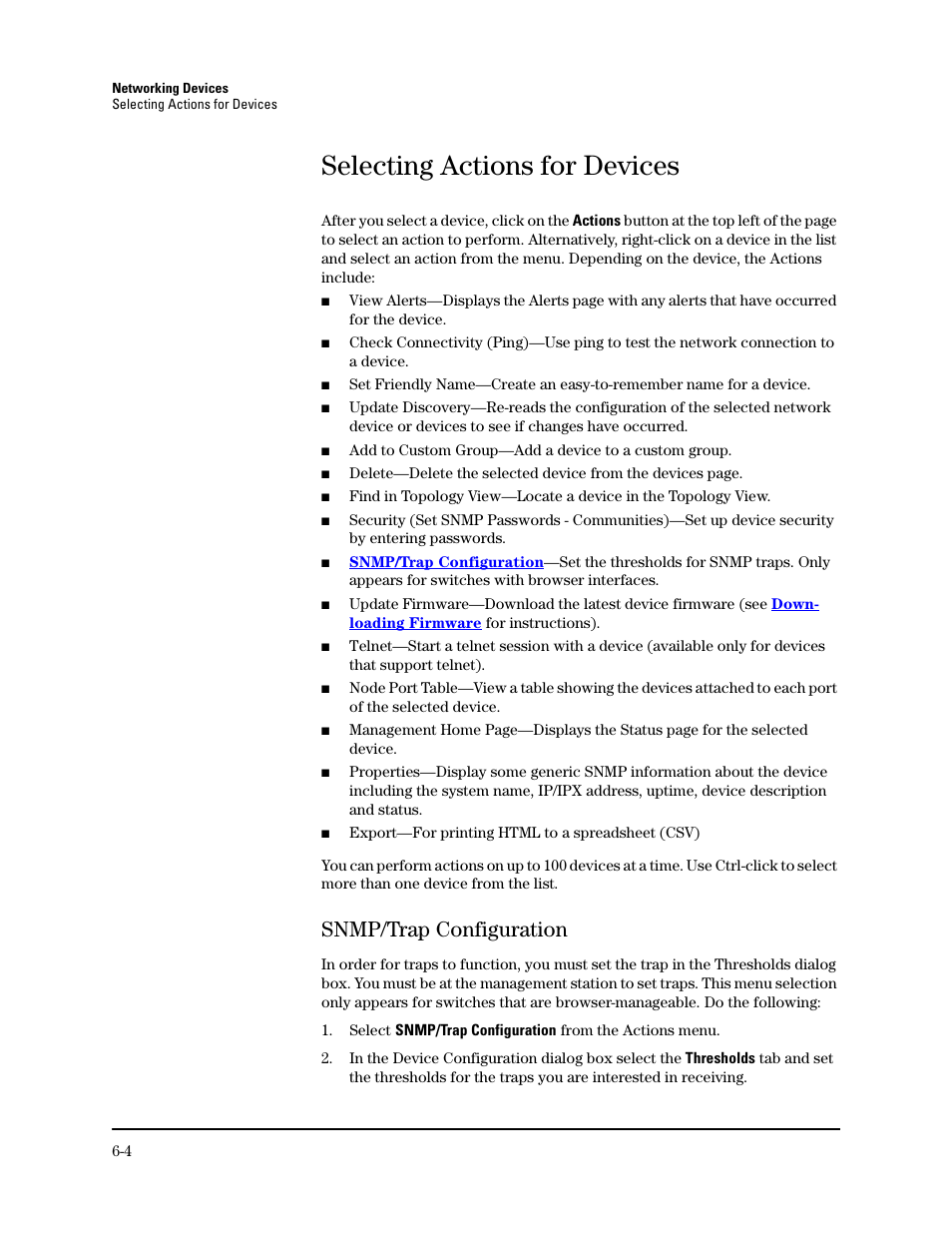 Selecting actions for devices, Snmp/trap configuration, Snmp/trap configuration -4 | HP TopTools for Hubs and Switches User Manual | Page 56 / 234