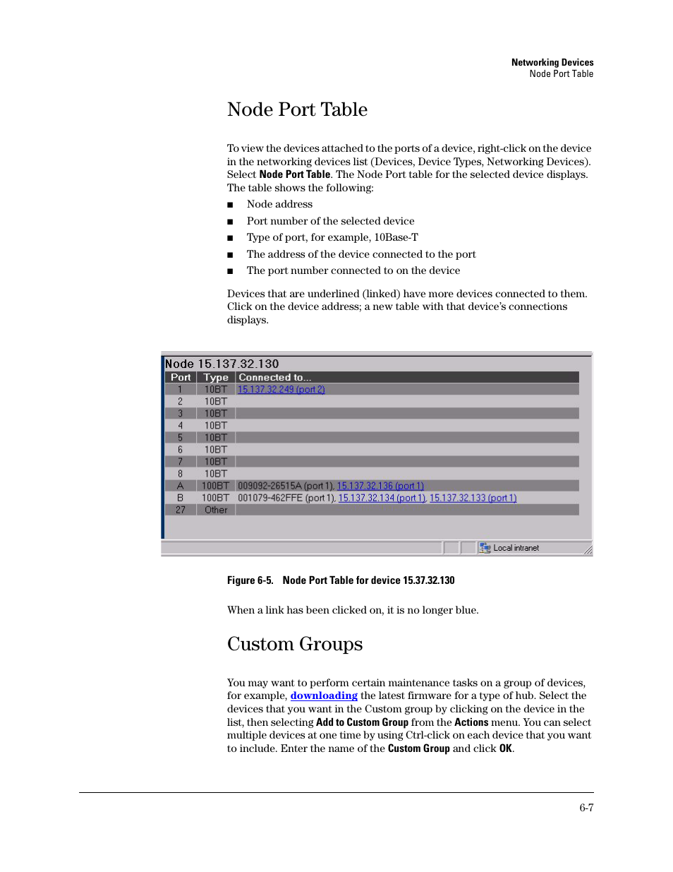 Node port table, Custom groups | HP TopTools for Hubs and Switches User Manual | Page 59 / 234