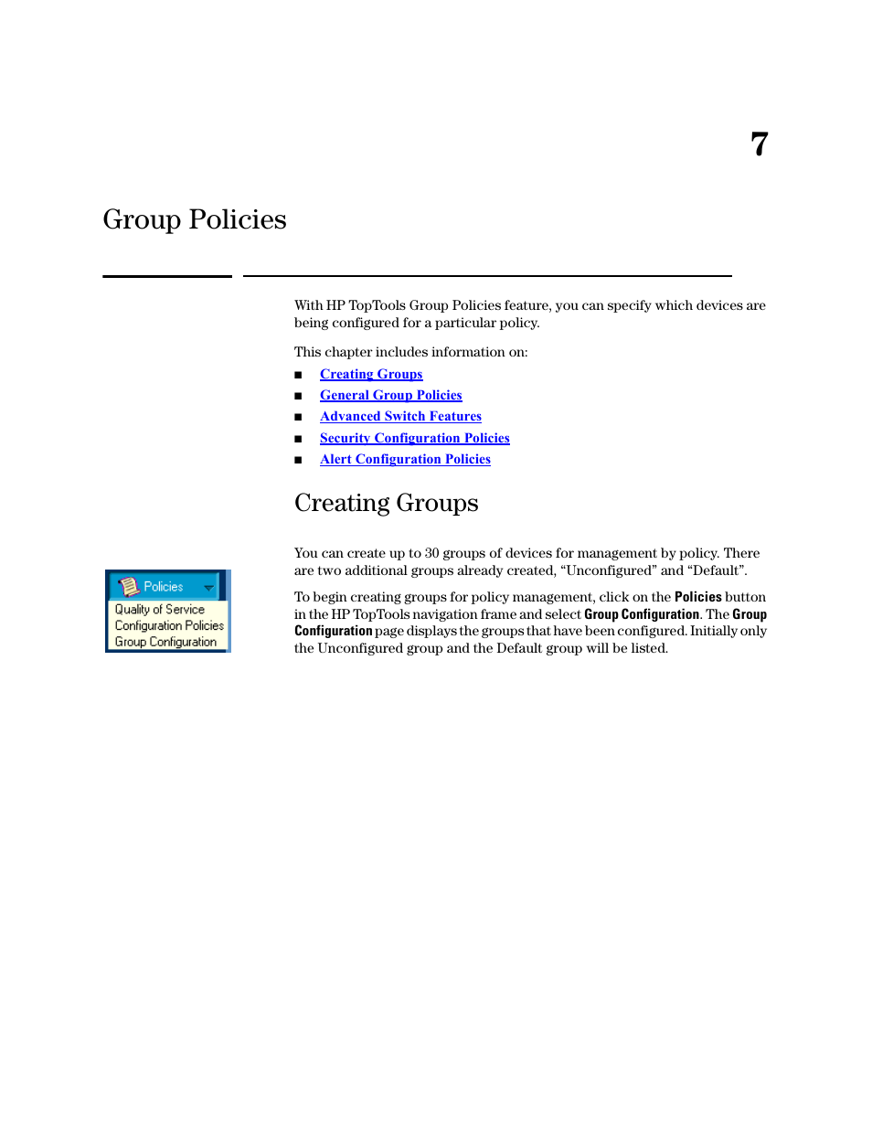 Group policies, Creating groups, 7 configuration policies | HP TopTools for Hubs and Switches User Manual | Page 63 / 234