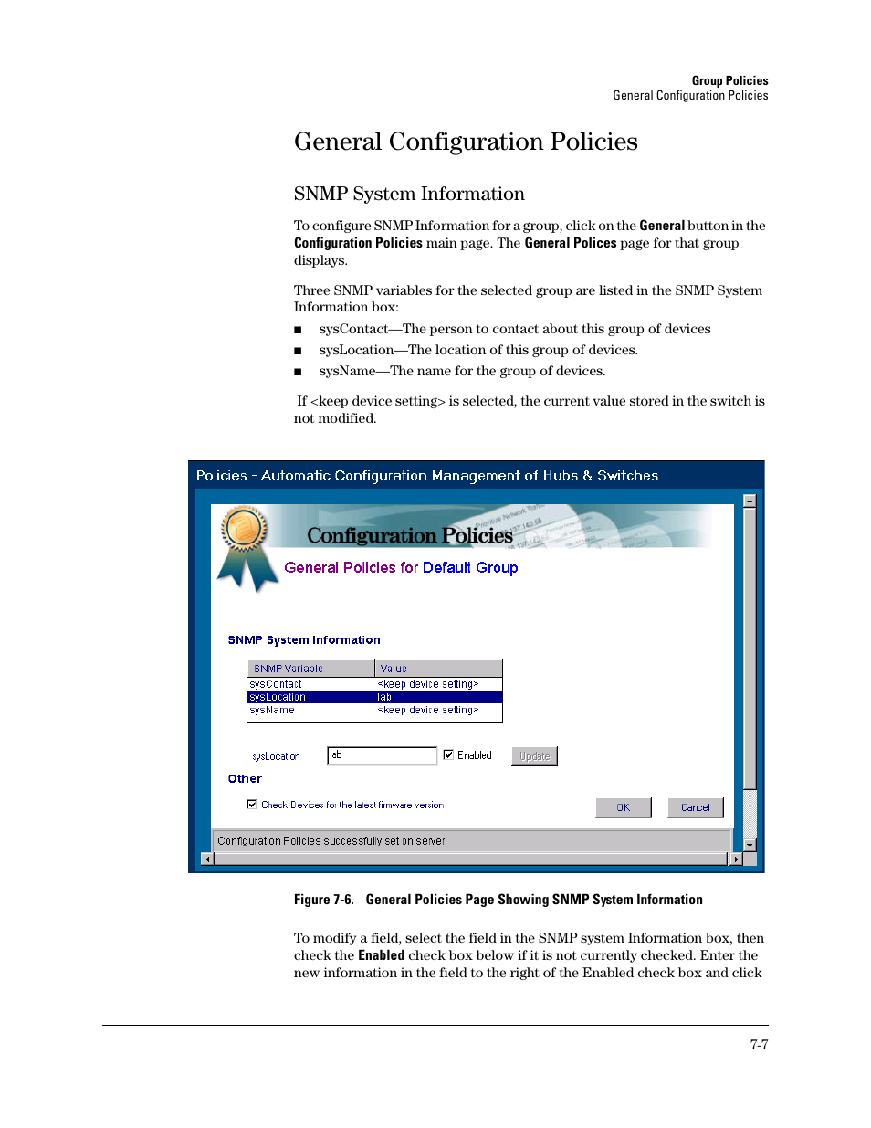 General configuration policies, Snmp system information, Snmp system information -7 | General group policies | HP TopTools for Hubs and Switches User Manual | Page 69 / 234