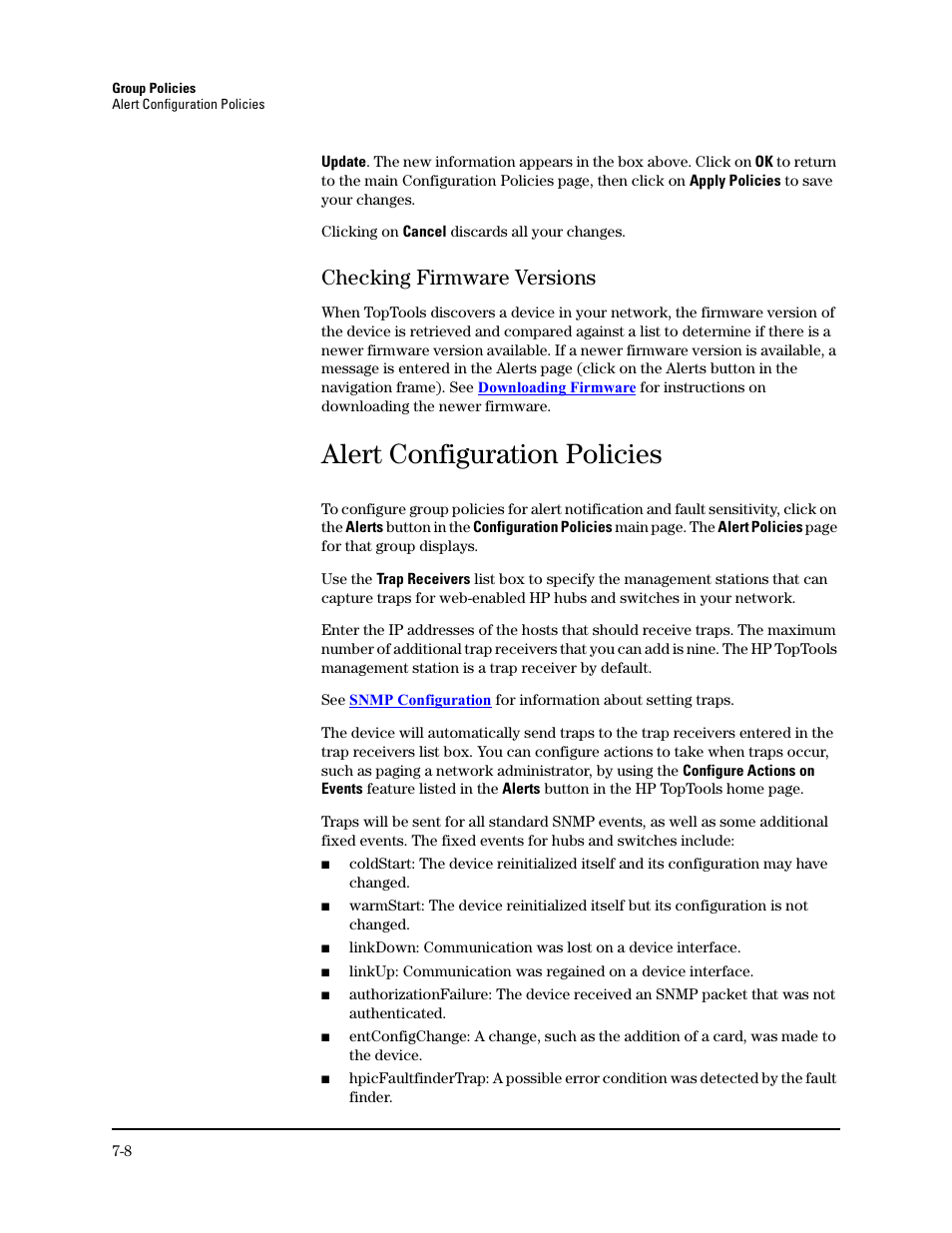 Checking firmware versions, Alert configuration policies, Checking firmware versions -8 | HP TopTools for Hubs and Switches User Manual | Page 70 / 234